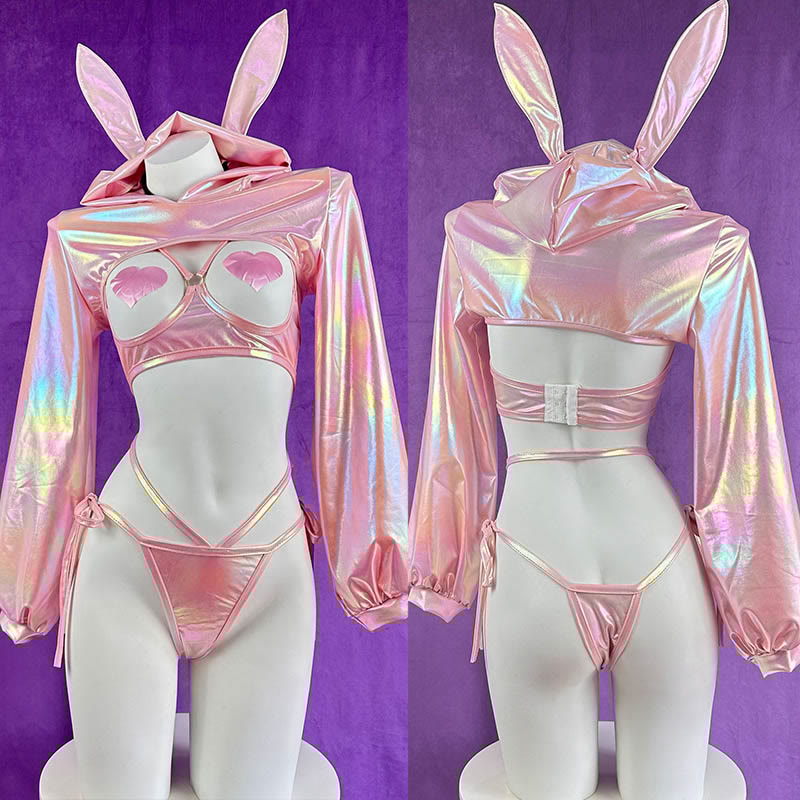 Cosplay Rabbit Laser Reflective Top Hollow Uniform Lingerie Set