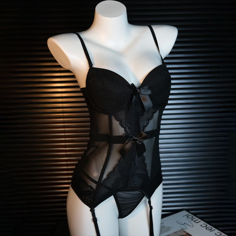 Sexy Bow See-through Jumpsuit Lingerie Set