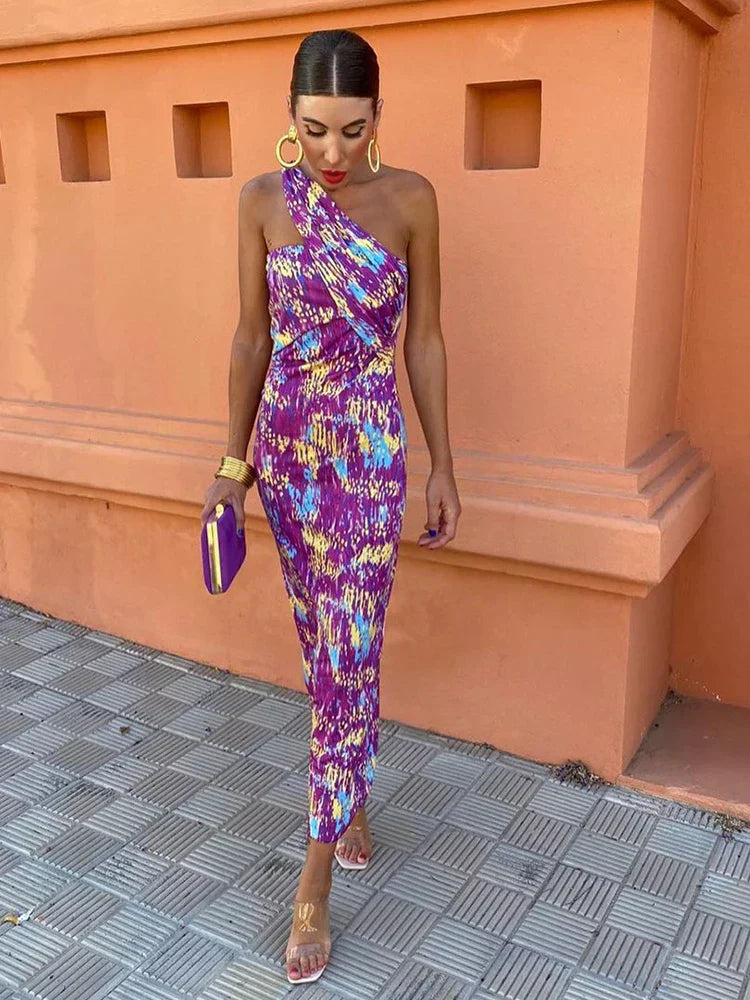 Colorful Asymmetric Neckline Dress