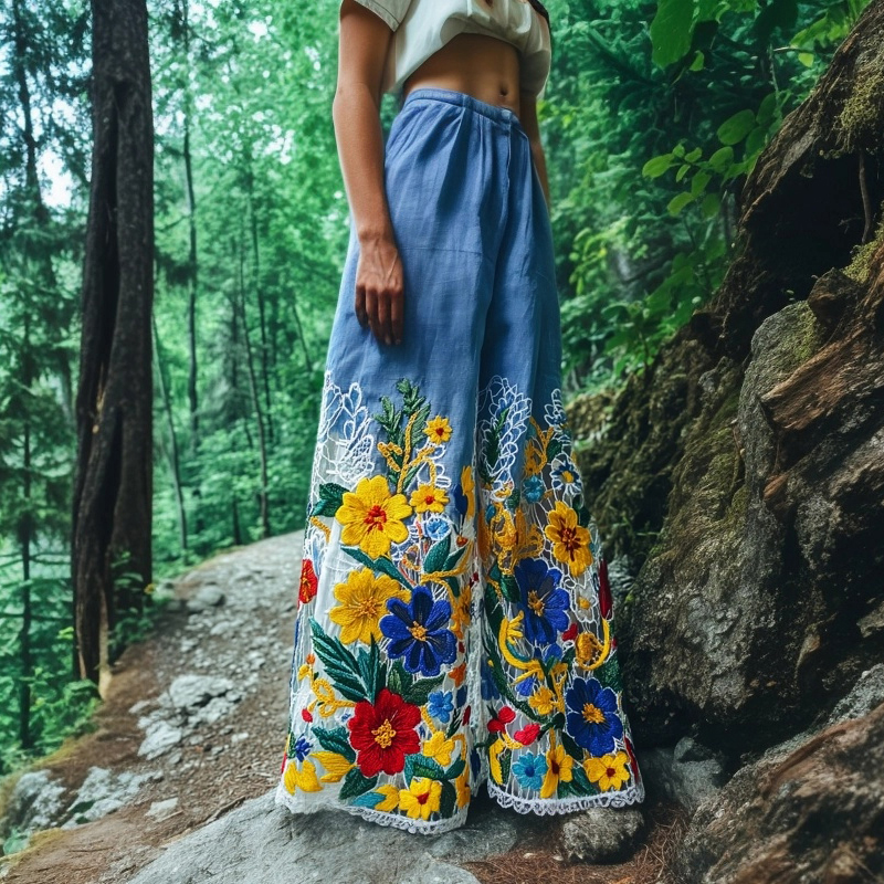 Vintage Floral Lace Embroidered Gradient Linen Pants