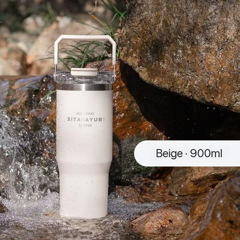 Portable stainless steel thermos flask, stylish design, convenient dual-drink straw water bottle, car water cup