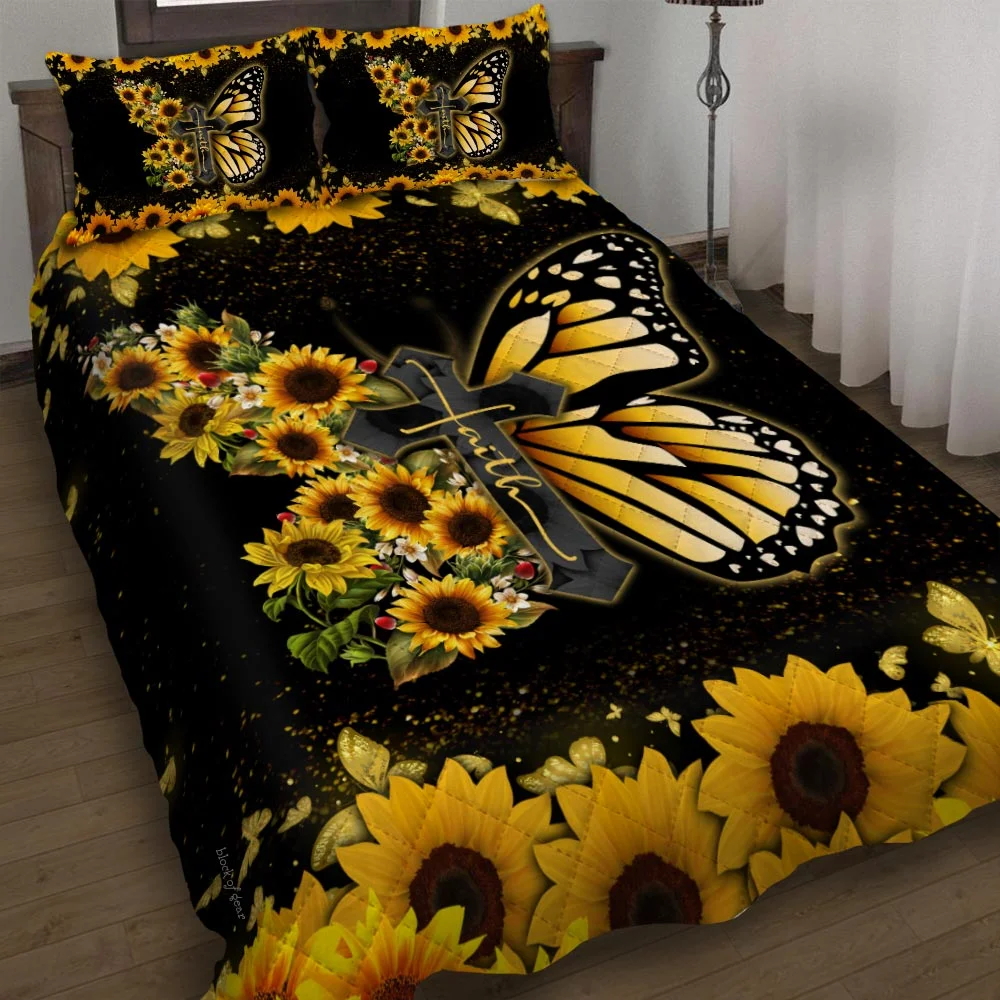Faith Jesus Christ Butterfly Sunflower Quilt Bed Set