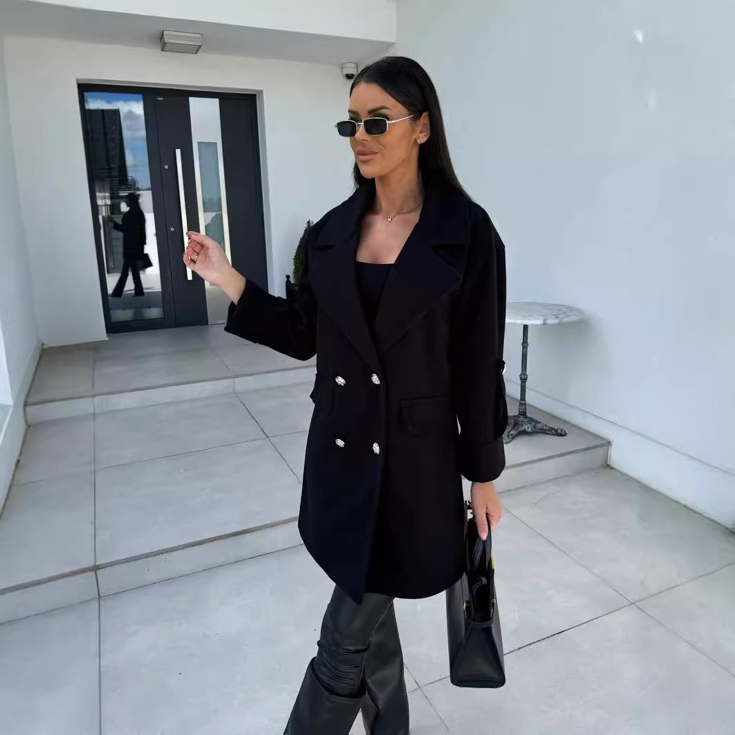 Fashionable H-Shaped Woolen Coat with Suit Collar