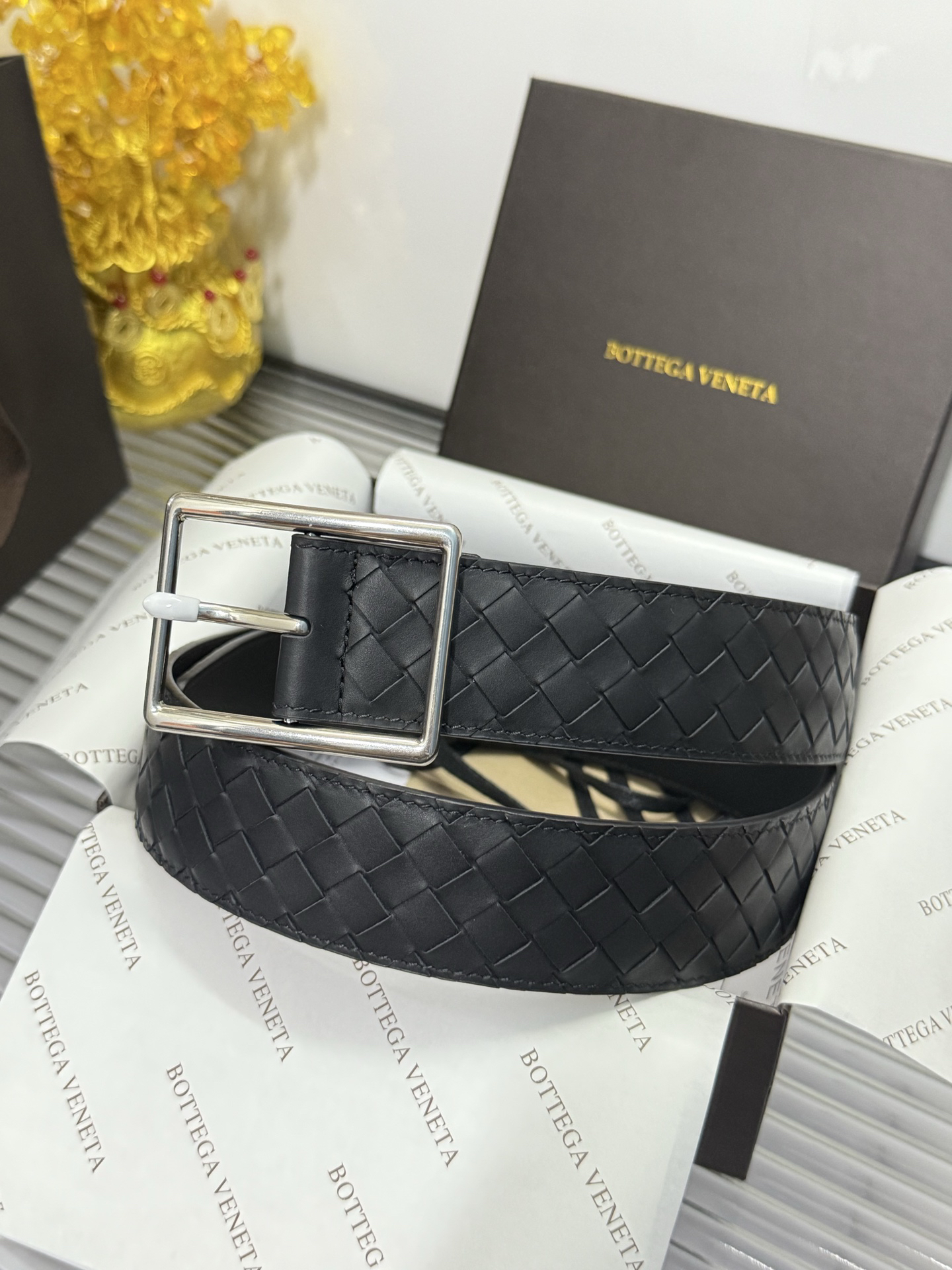 Bottega Veneta pin buckle classic woven leather belt width 4.0cm