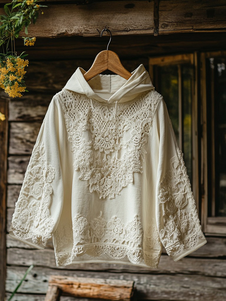 Women's Floral Lace Embroidery Patchwork Art Hoodie