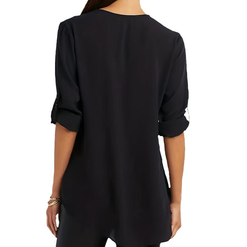Casual Loose V-Neck Rhinestone Top with Rollable Sleeves