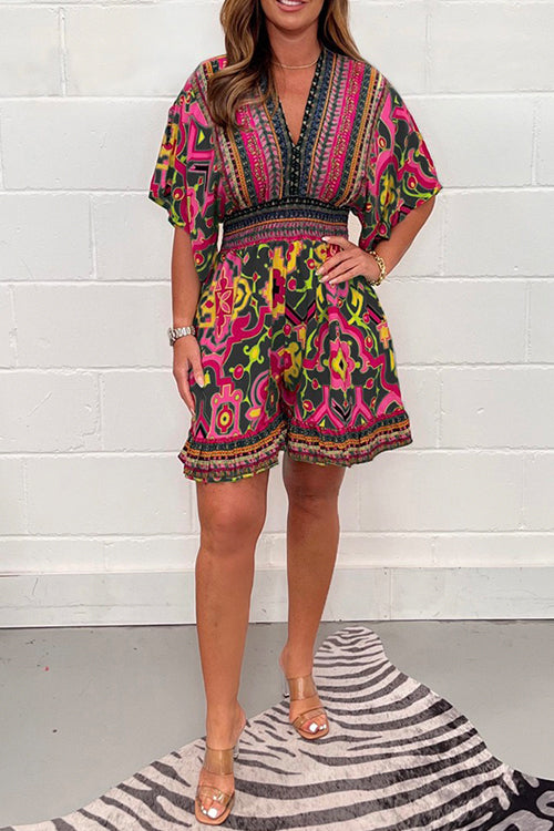 Heididress V Neck High Waist Wide Leg Printed Ruffle Romper