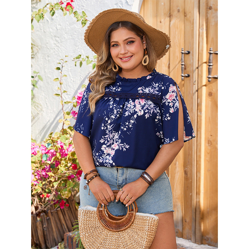 Plus Size Plump Girls Printed Shirt round Neck Loose Casual Design Sleeve Casual Women Shirt