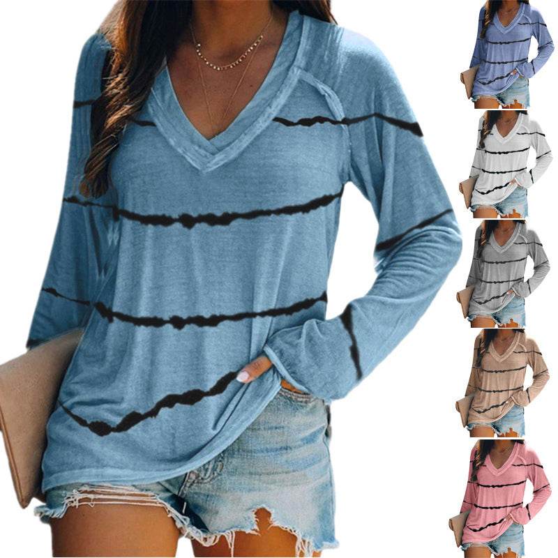 Long-Sleeved Women's Clothing with Tie-Dye Stripes Print