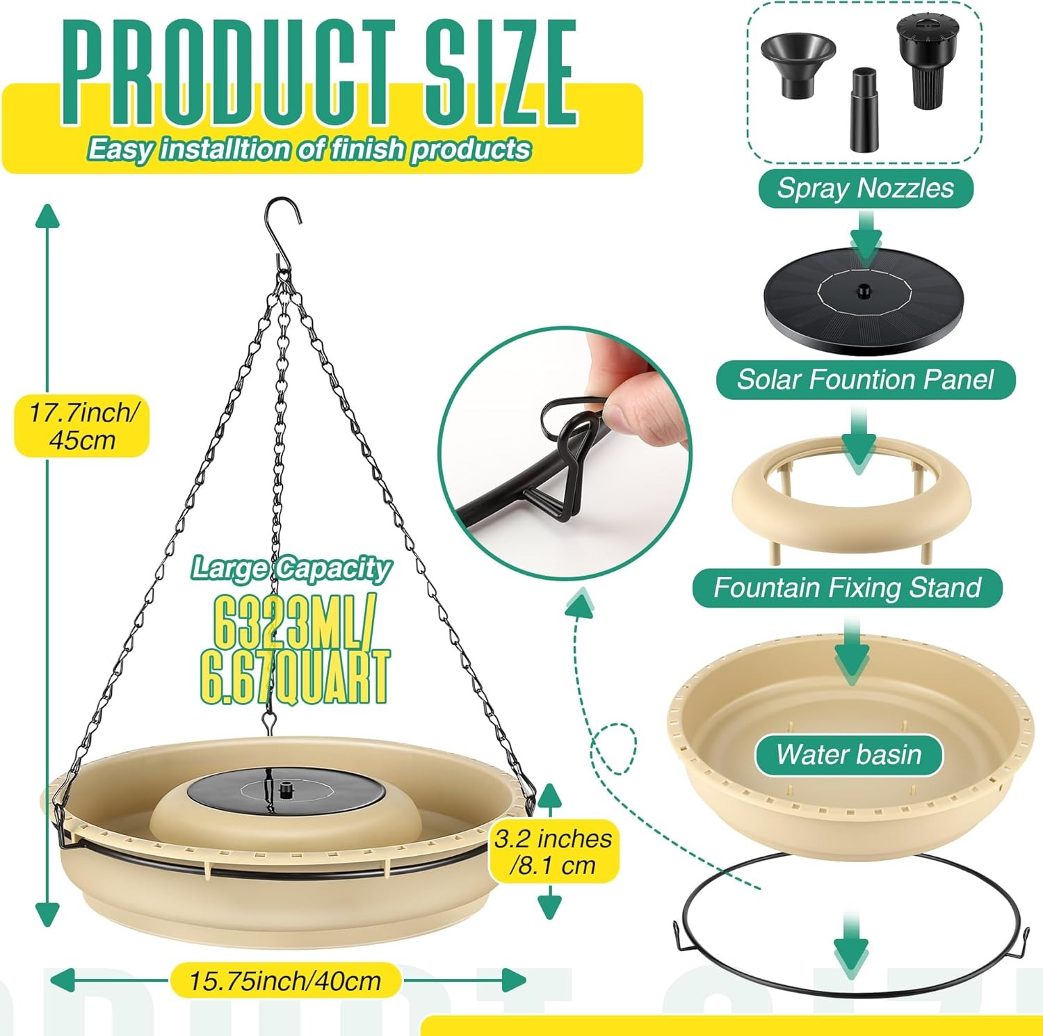 💥ON SALE💥Large Hanging Bird Bath with Solar Fountain