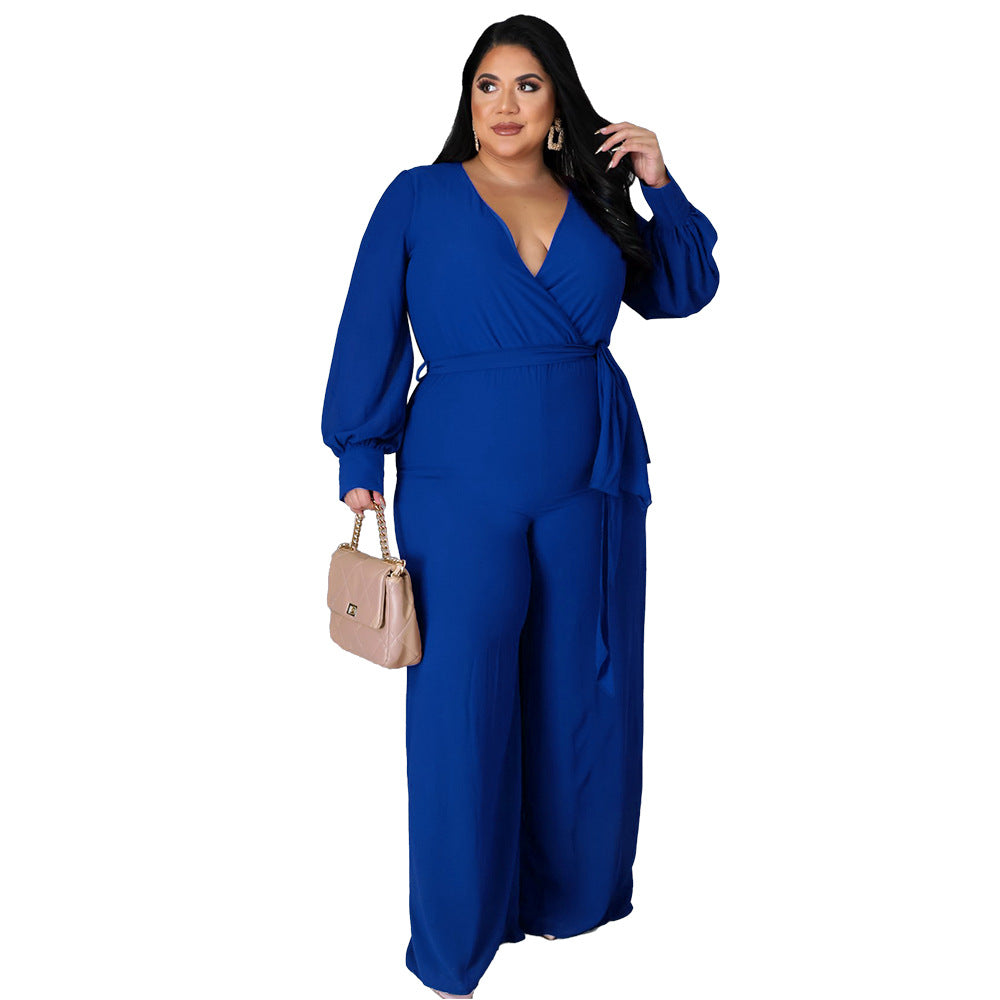 Plus Size Women Loose Straight Solid Color Belt Jumpsuit