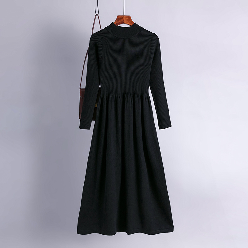 Autumn and winter half-high collar large pendulum long style knitted dress waist show thin long sleeve simple temperament sweater bottom skirt woman