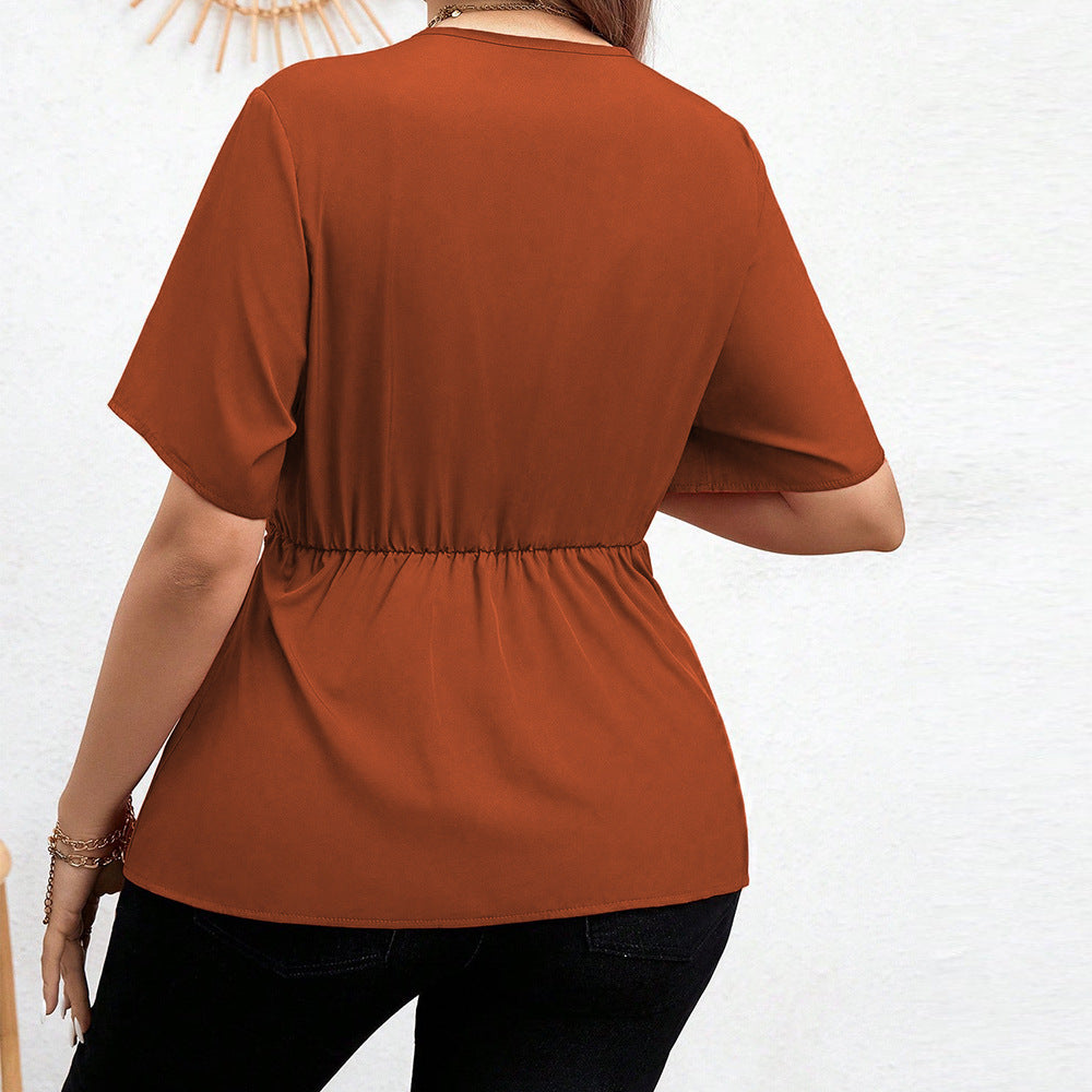 Plus Size Women V Neck Tight Waist T Shirt Summer Elegant Office High Grade Top Women