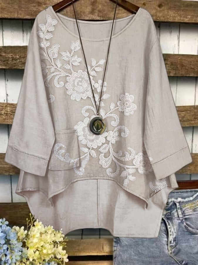 Fashionable And Casual Women's Floral Print Cotton And Linen Top