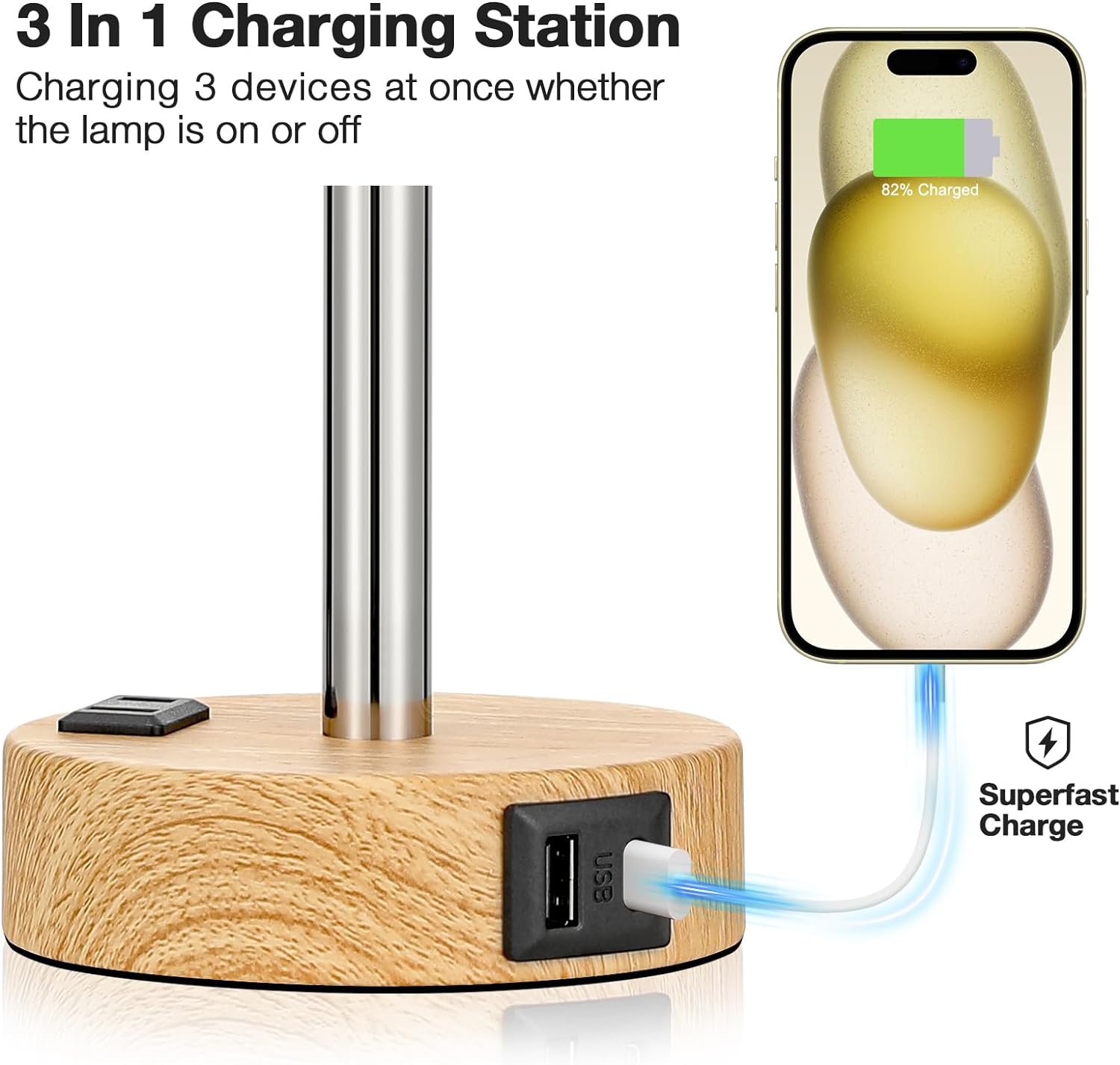 Bedside Table Lamp for Bedroom - 3 Way Dimmable Touch Lamp USB C Charging Ports and AC Outlet, Small Lamp Wood Base Round Flaxen Fabric Shade for Living Room, Desk, LED Bulb Included