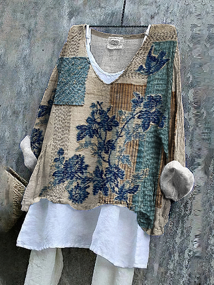 Floral Embroidered Japanese Sashiko Fiber Art Linen Blend Tunic