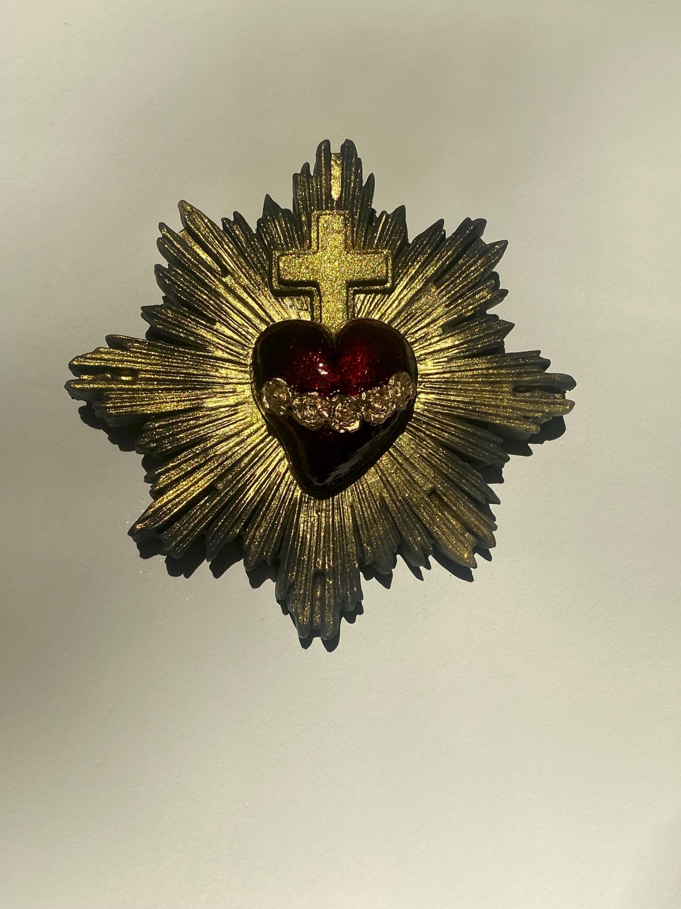 Sacred Heart Wall Decor, Milagro Heart, Flaming Heart & Cross, Handmade.