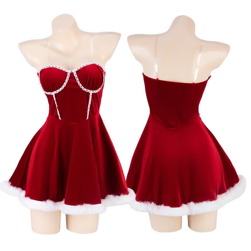 Fluffy Hem Slip Lingerie Dress Stockings Set