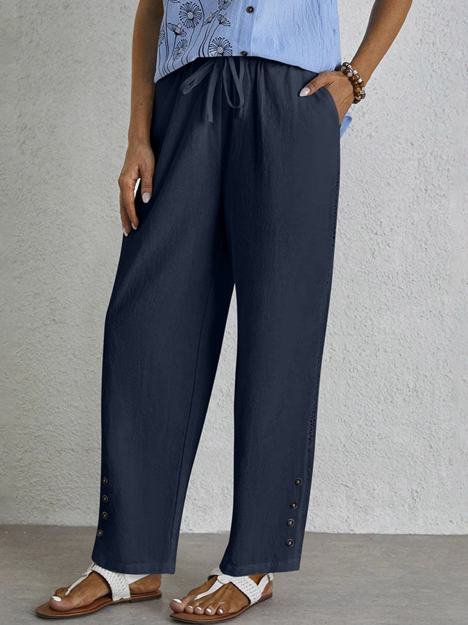 Casual Elegant Lace-Up With Pockets Buttons Lace Side Cotton Linen Trousers