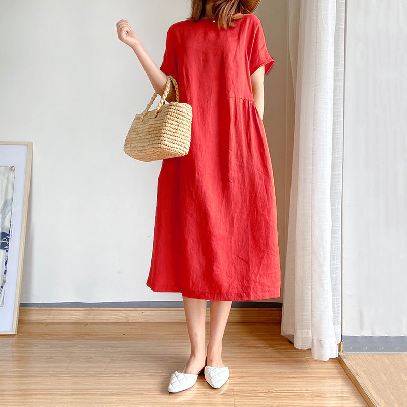 Casual Loose Short Sleeve Solid Color Midi Dress
