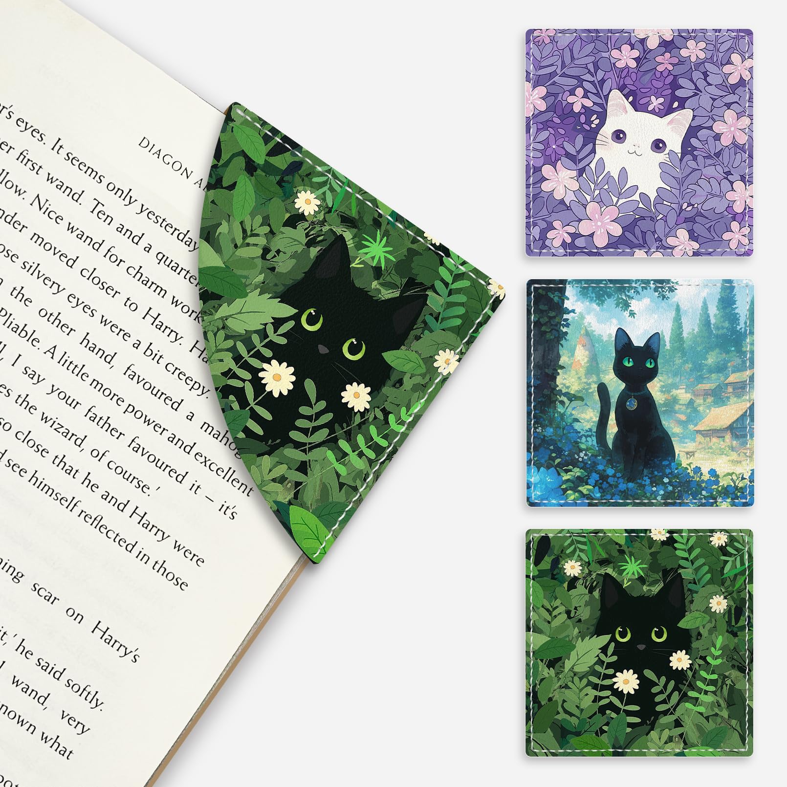 🔥ON SALE🔥3 Pcs Cute Black Cat Floral Corner Bookmarks - Funny Leather Book Accessories for Book Lovers