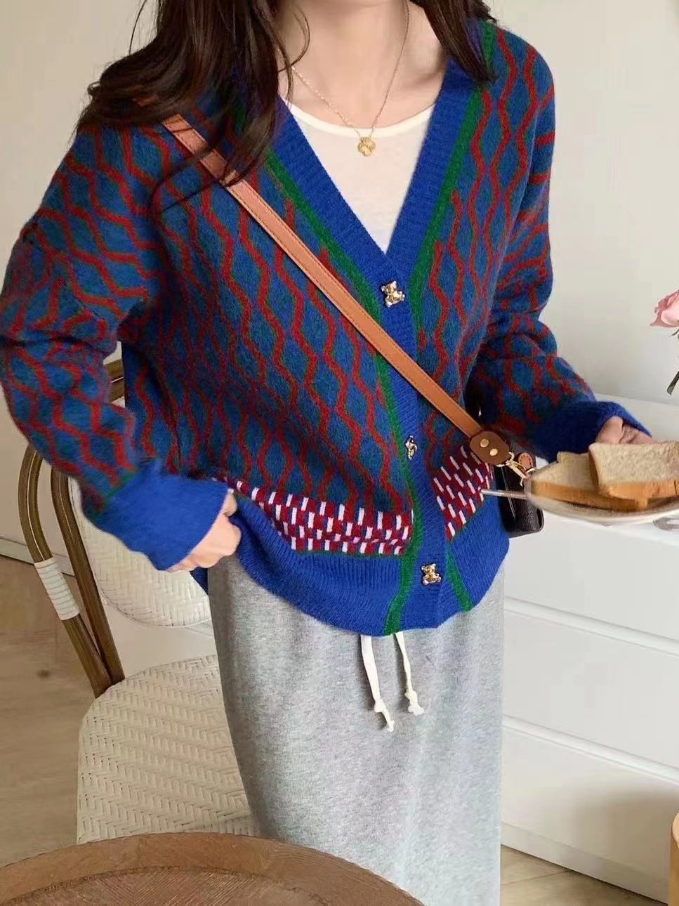 Women's Retro Casual V-neck Bear Button Sweater Cardigan Coat
