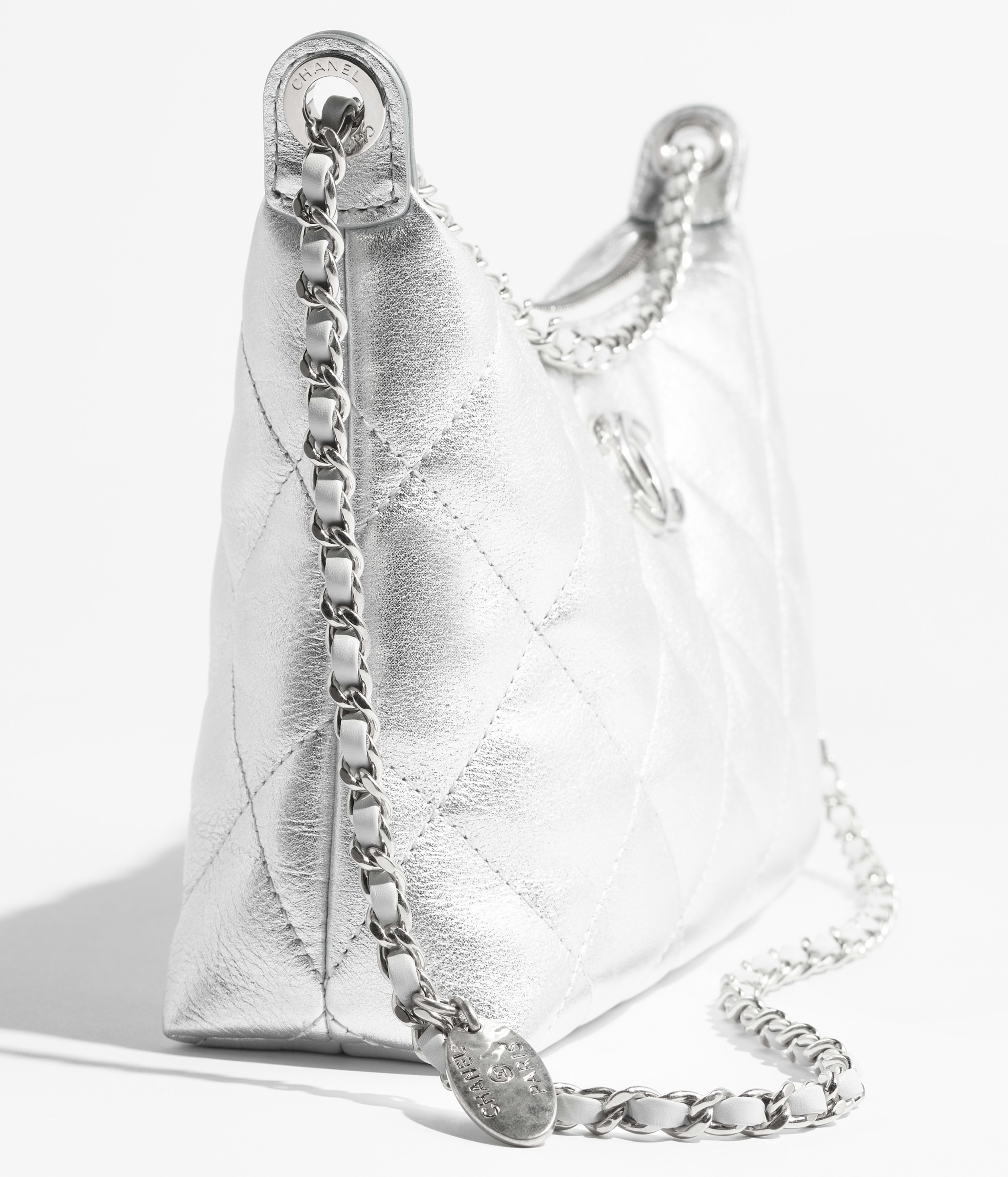 CHANEL Hobo Handbag Metallic Calfskin & Silver-Tone Metal Silvery AS5528-B20300-U1002