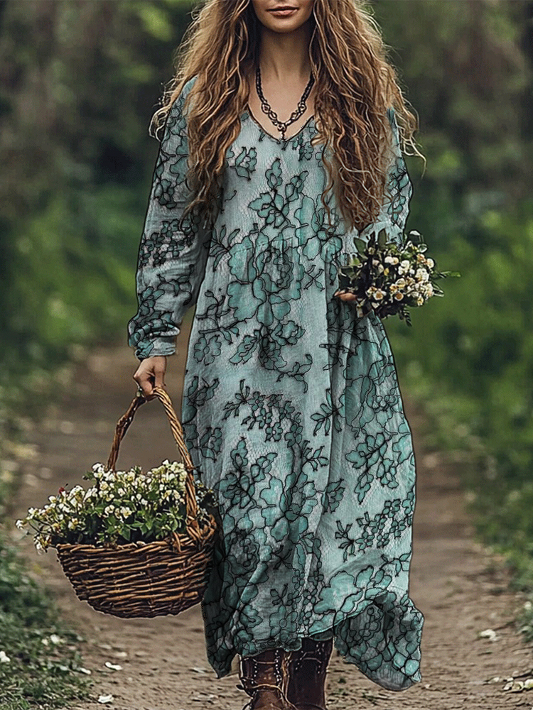 Vintage Turquoise Floral Lace Flowy Maxi Dress