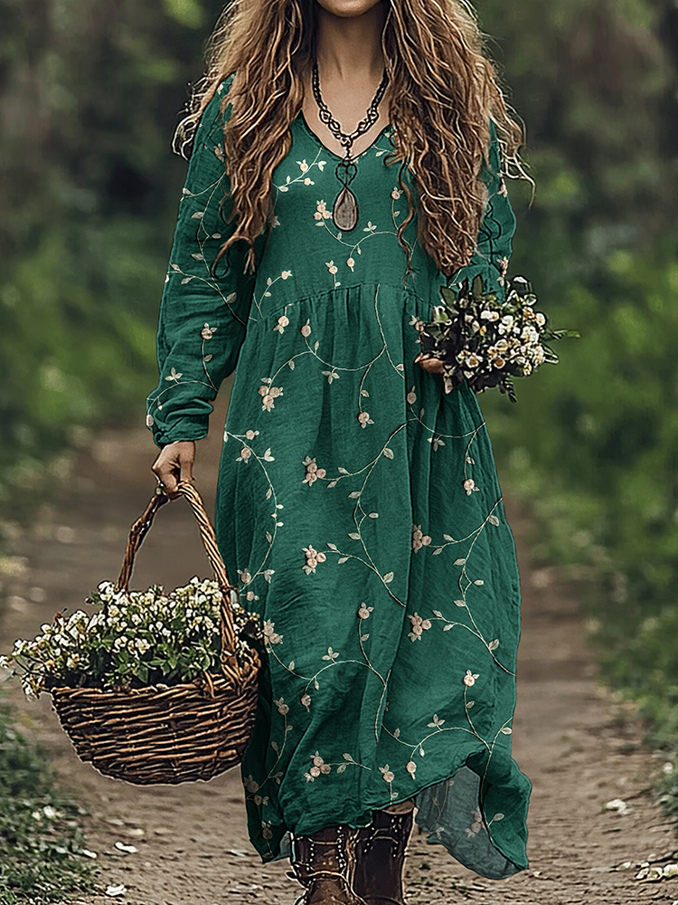 Vintage Botanical Floral Embroidery Women's Linen Maxi Dress