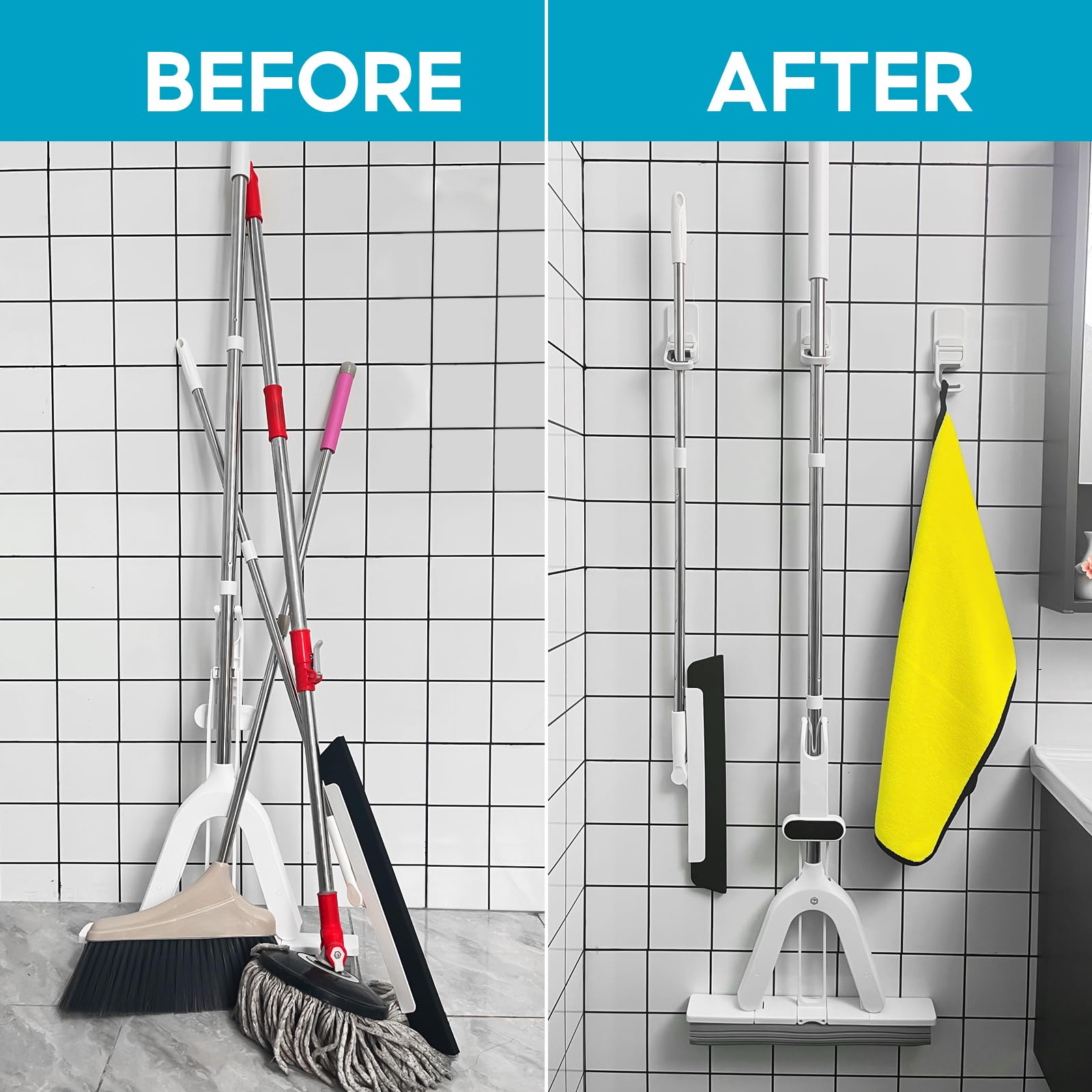 4 Pcs/Set Broom and Mop Organizer Wall Hanging, Holds up to 6 lb