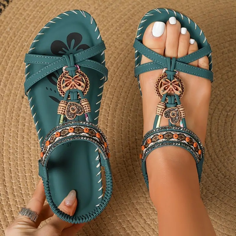 👣Women's rhinestone butterfly flat sandals, bohemian style open toe elastic summer sandals