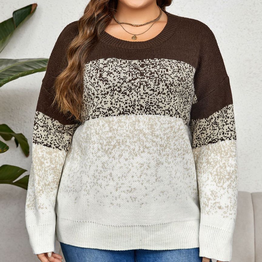 Plus Size Autumn Winter Color Matching Multi Color round Neck Clothing