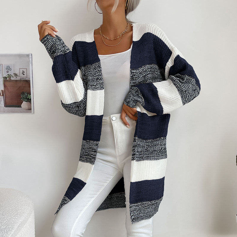 Graceful and Fashionable Women's Colorblock Sweater Coat without Buttons