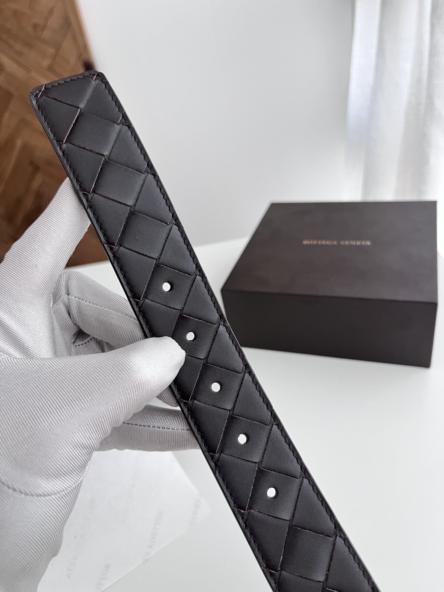 Bottega Veneta woven leather belt with rotating pin buckle, 3.5cm wide