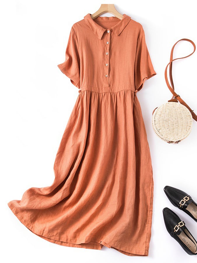 Women's Solid Color Short-Sleeved Shirt Collar Artistic Retro Cotton And Linen Casual Dress