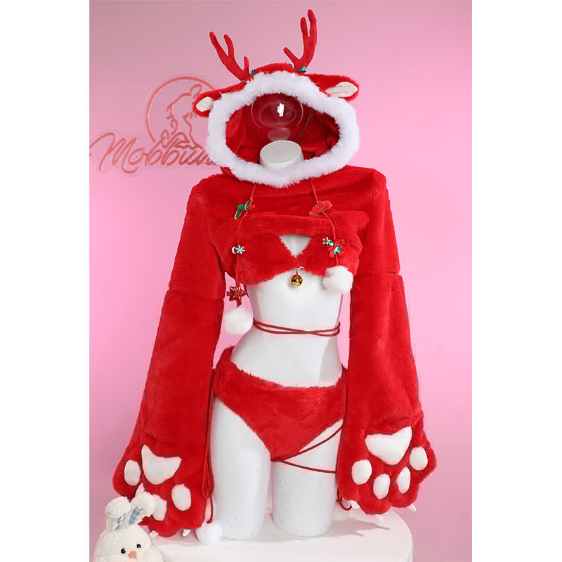 Cosplay Cartoon Deer Paw Hooded Plush Lingerie Set