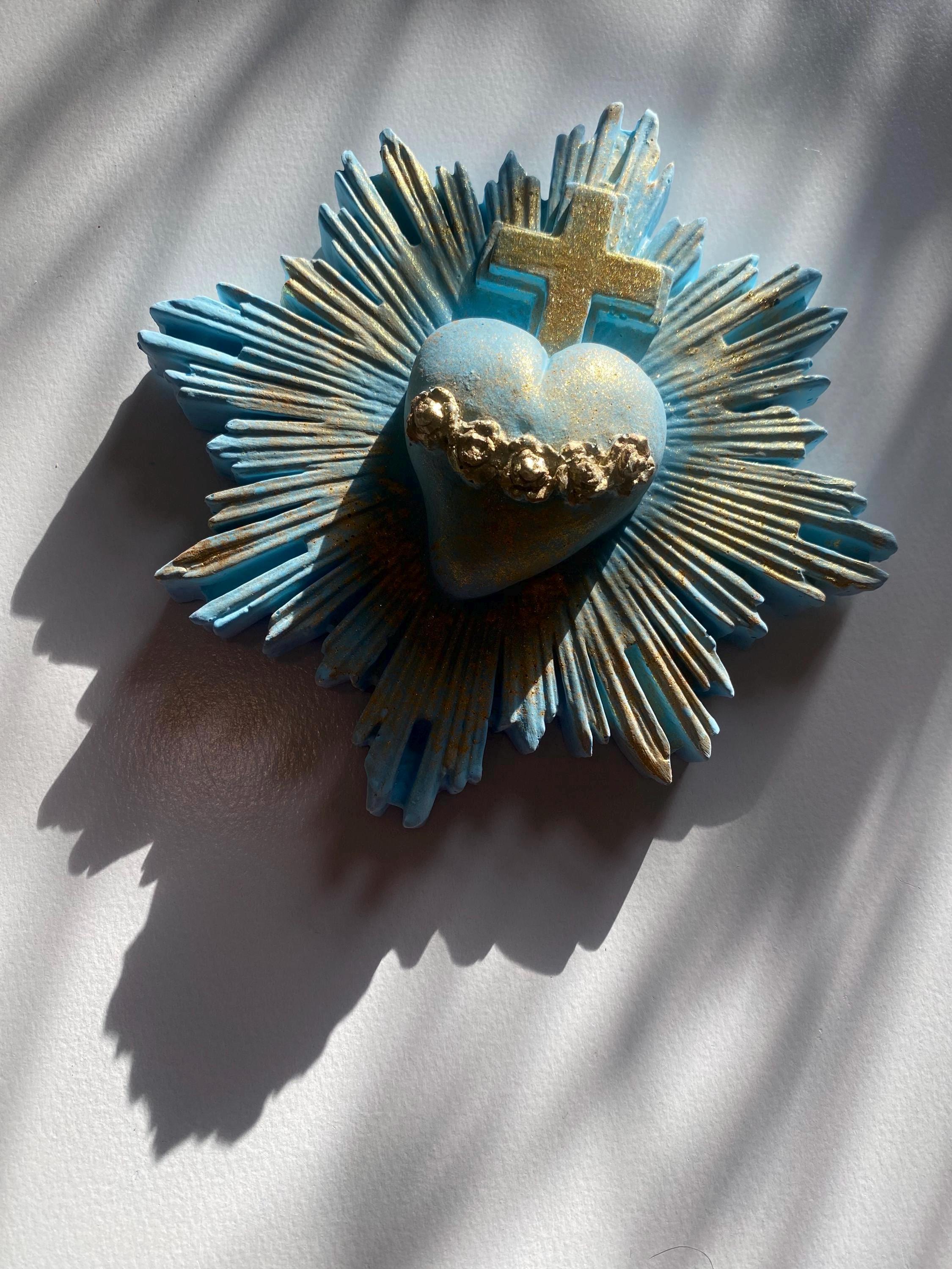 Sacred Heart Wall Decor, Milagro Heart, Flaming Heart & Cross, Handmade.