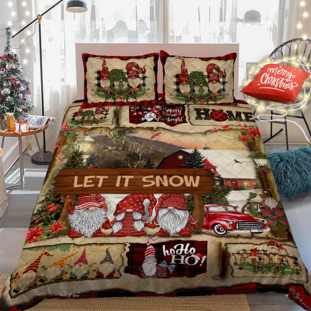 Let It Snow Gnome Christmas Quilt Bed Set