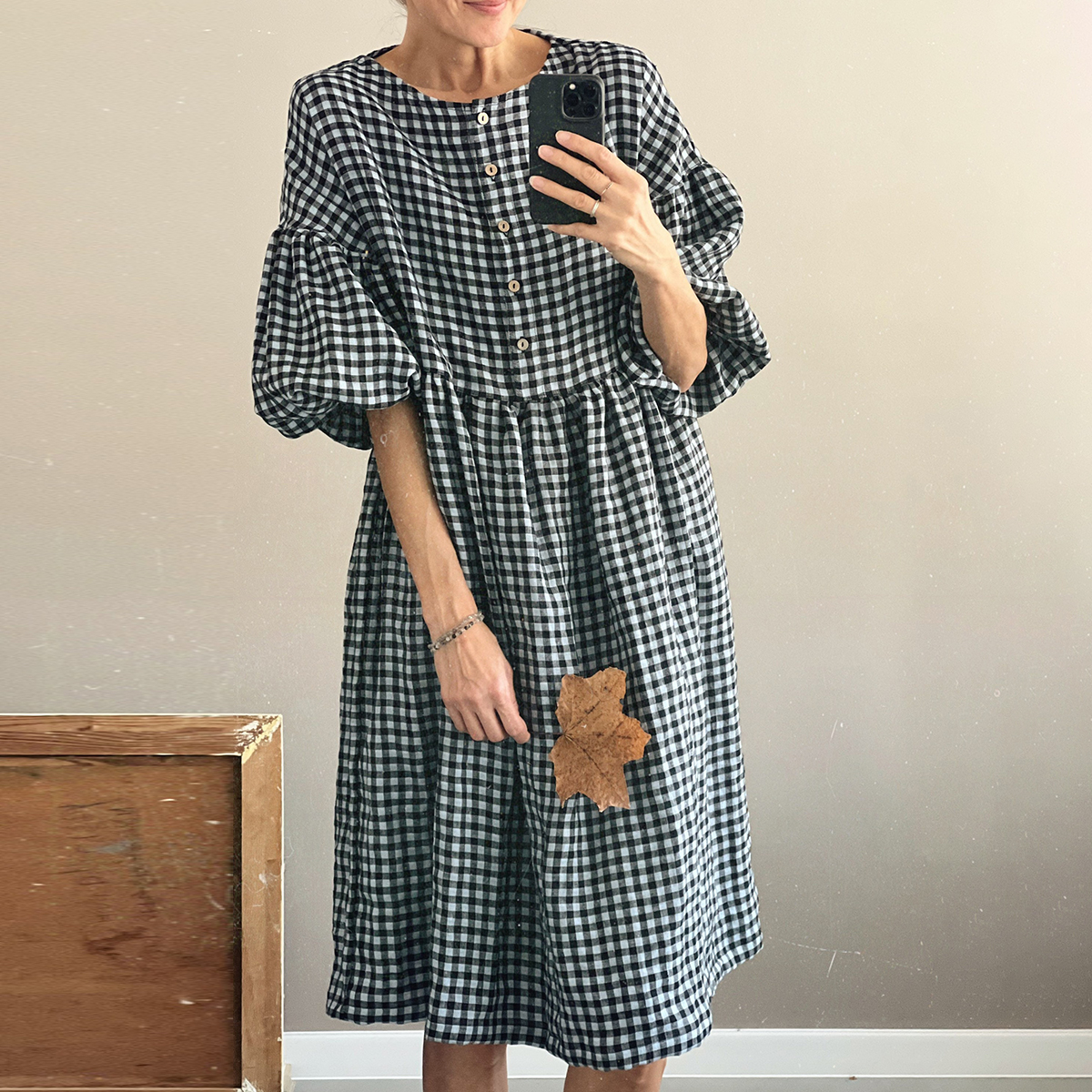 Check Button Round Neck Balloon Sleeve Midi Dress