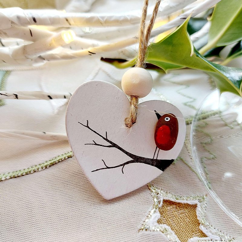 Sea Glass Robin Heart Decoration