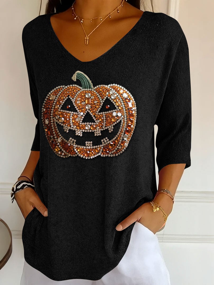 🔥Buy 3 Get 10% Off🔥Women's Diamond Pumpkin Head Print V-Neck T-Shirt