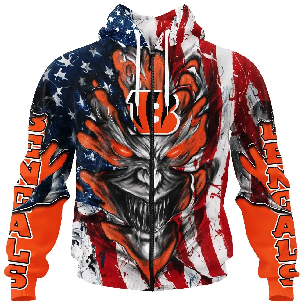 CINCINNATI BENGALS DEMON FACE AMERICAN FLAG-3D UNISEX HOODIE
