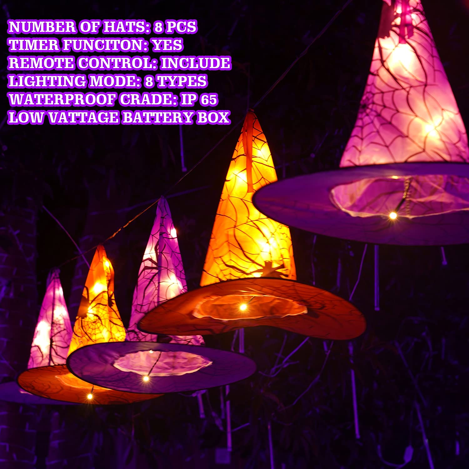 🔥Super Sale - 49% OFF🔥8 PCS Waterproof Hanging Witch Hat with String Lights with Remote