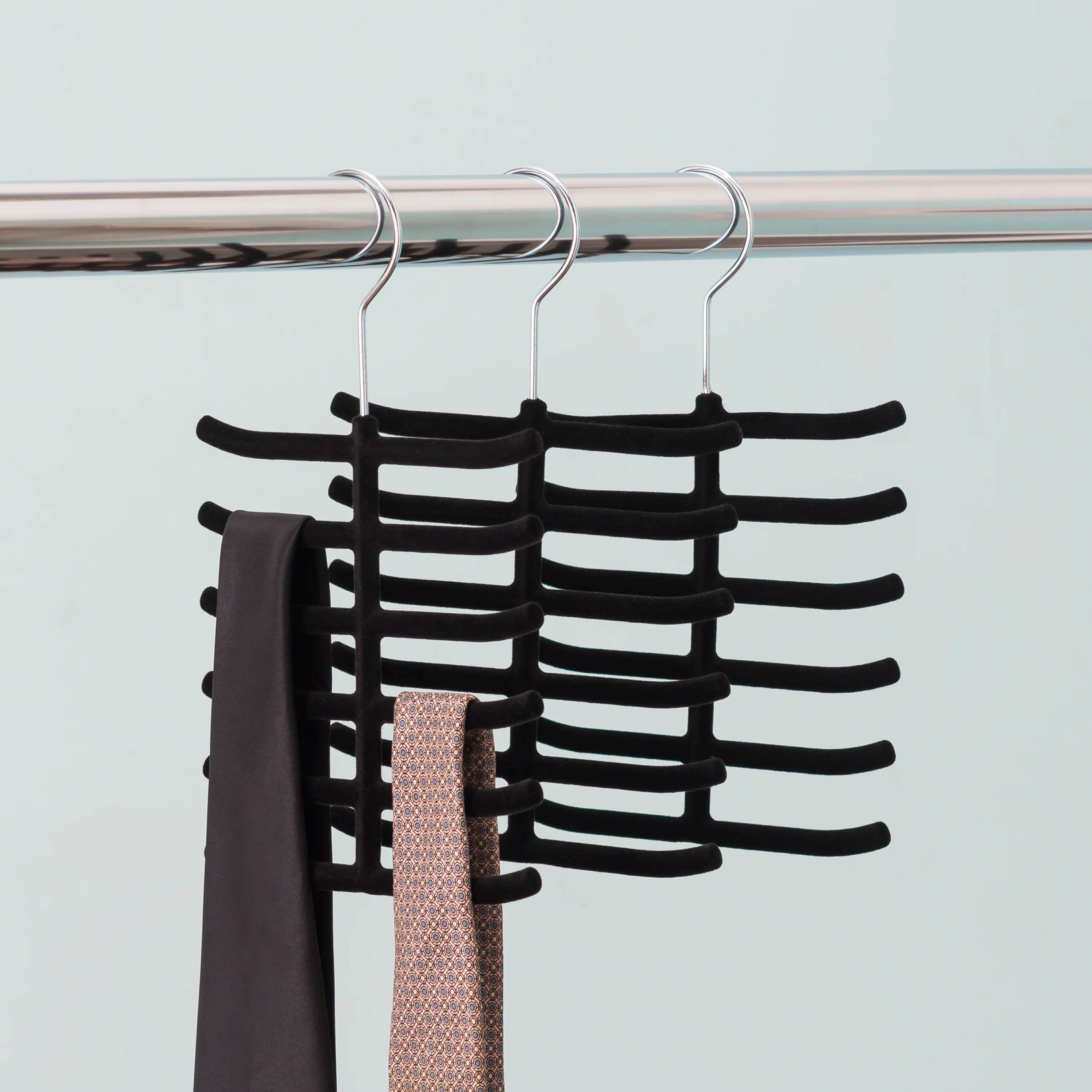 Home Basics 6 Tier Non-Slip Velvet Tie Hanger, Black, 3-Pack