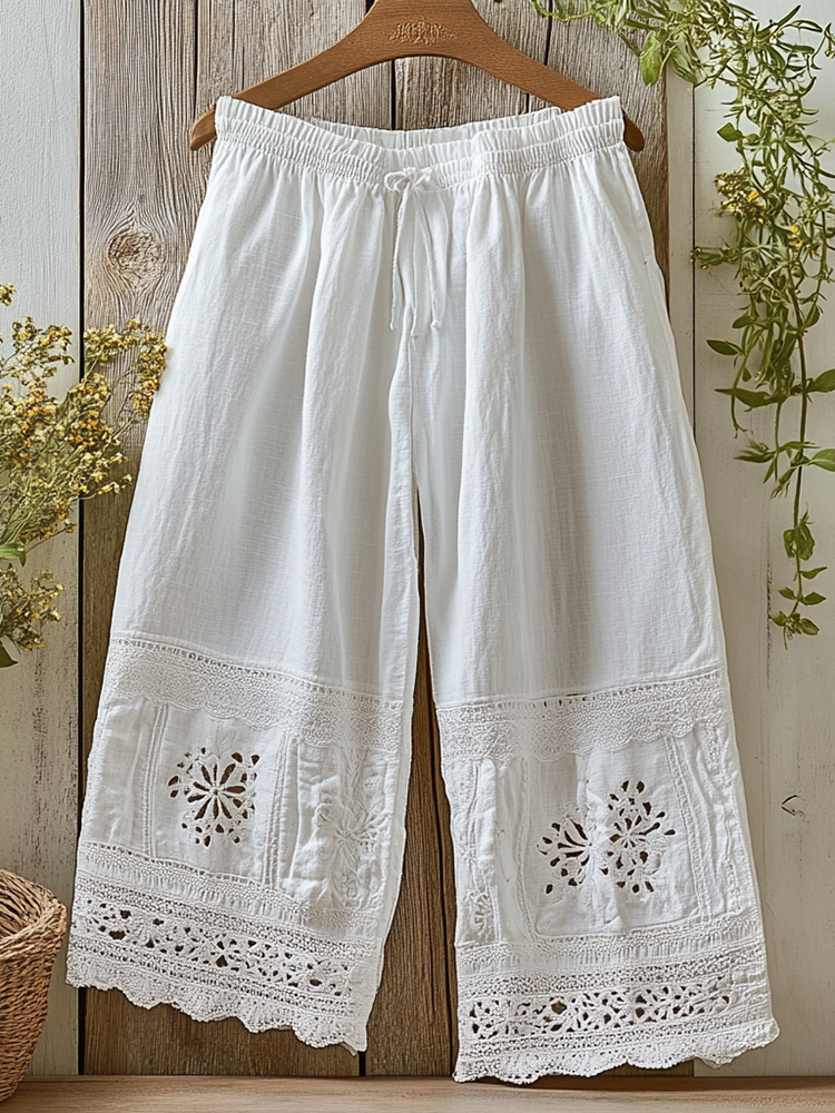 Fashion Hollow Lace Embroidery Linen Casual Pants