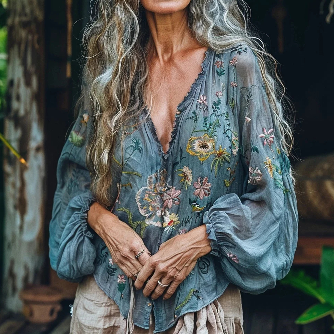 Bohemian Floral Linen Art Print Long Sleeve V-neck Shirt