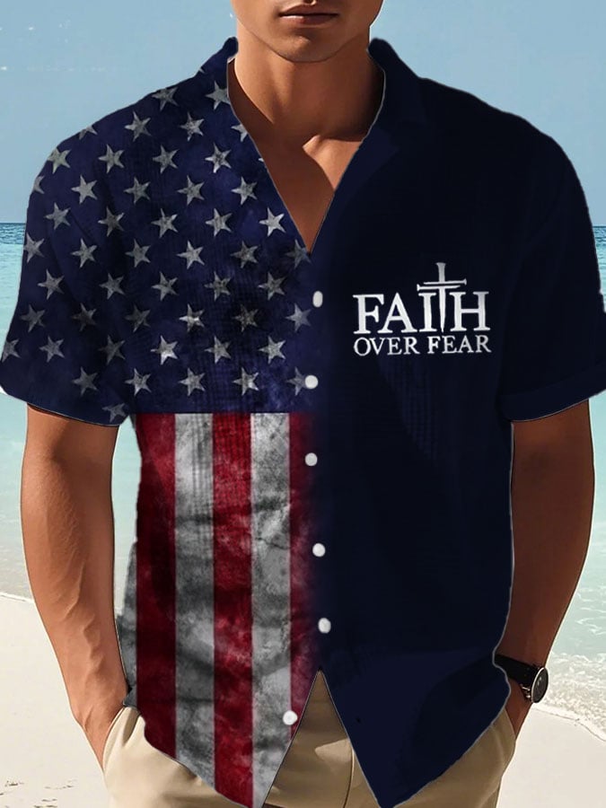 Men's Independence Day Flag Faith Over Fear Casual Waffle Shirt