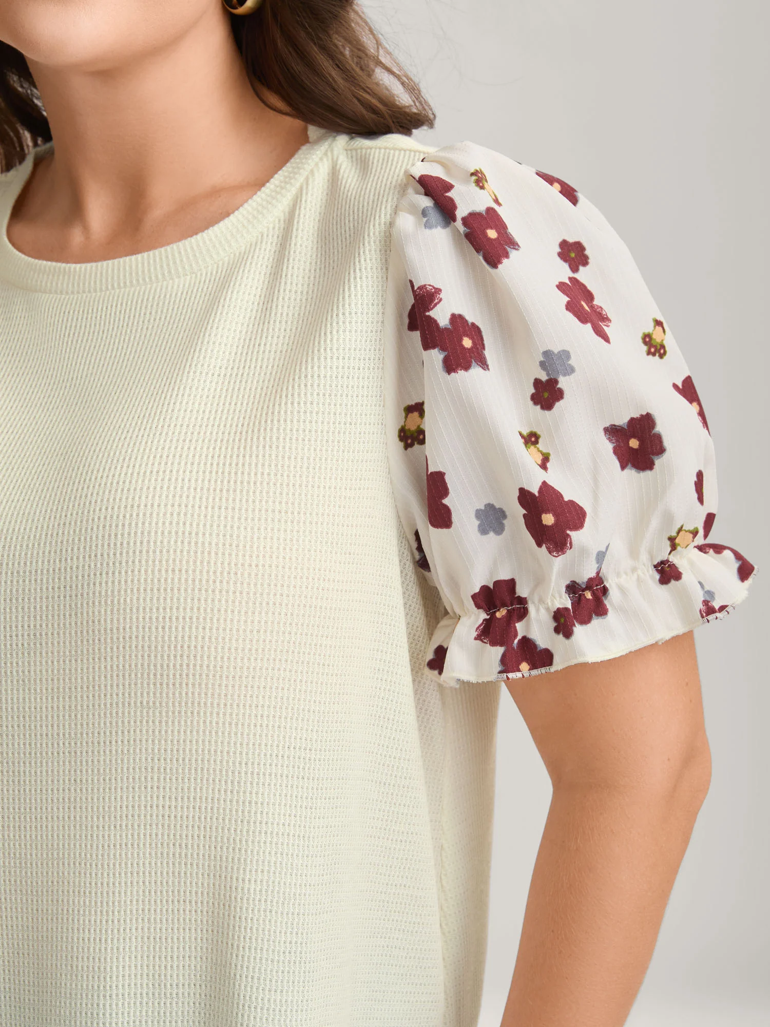Floral Detail Waffle Contrast Knit Top