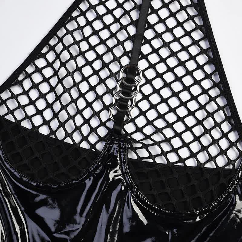 Sexy Hollow Out Mesh PU Jumpsuit Lingerie Set