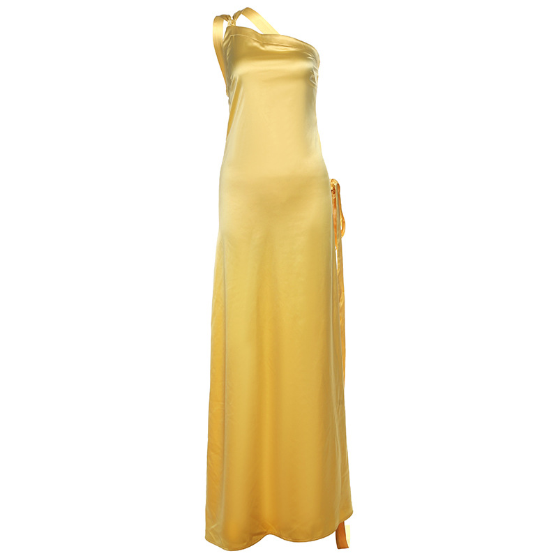 Yellow Fashionable sexy girl sleeveless slanting collar hollow backless high-waisted slim dress dress